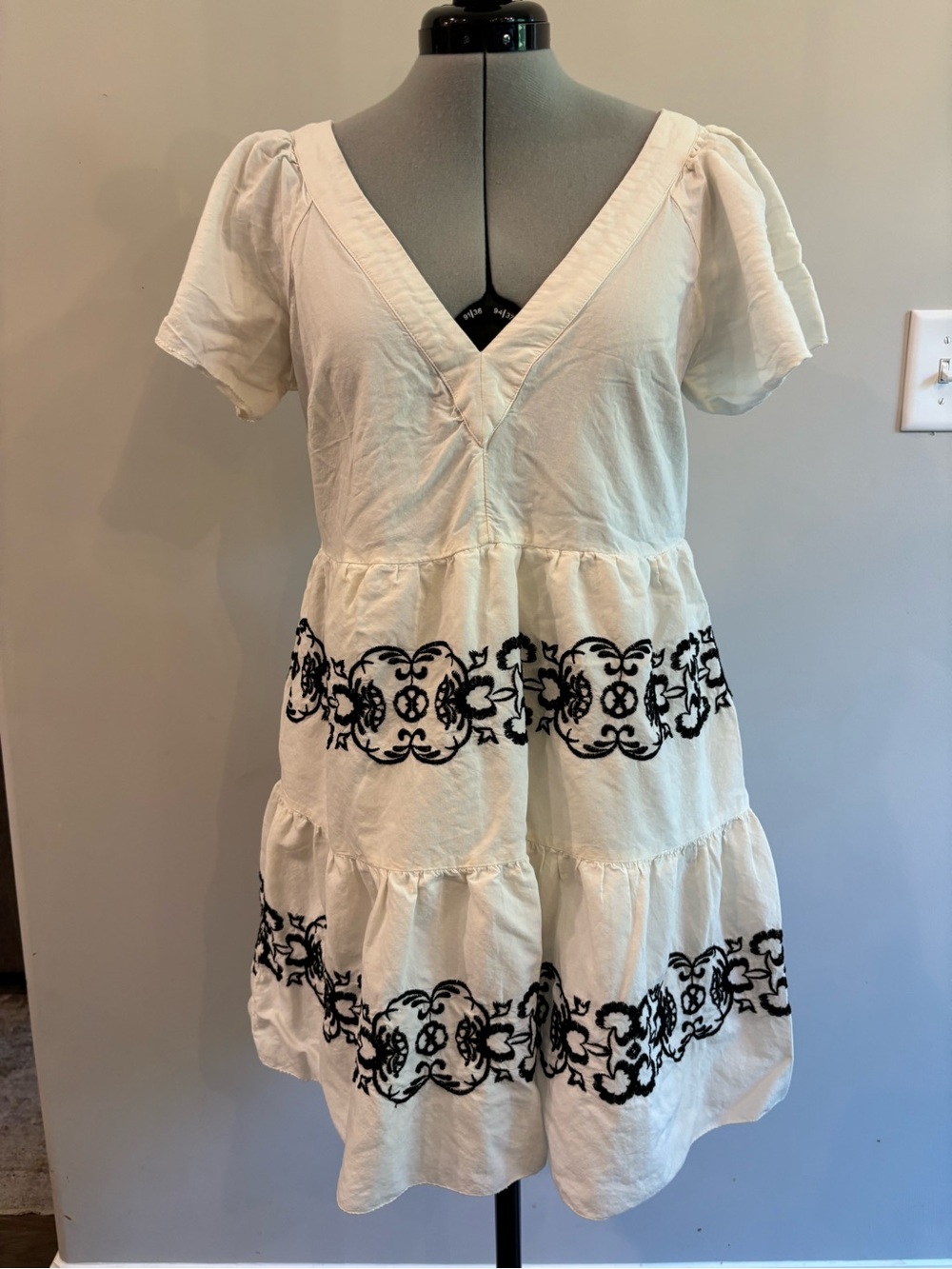 Cream V-Neck Embroidered Tiered Dress